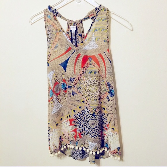 Umgee Tops - UMGEE Peacock Tank with V-neck and Ball Tassels